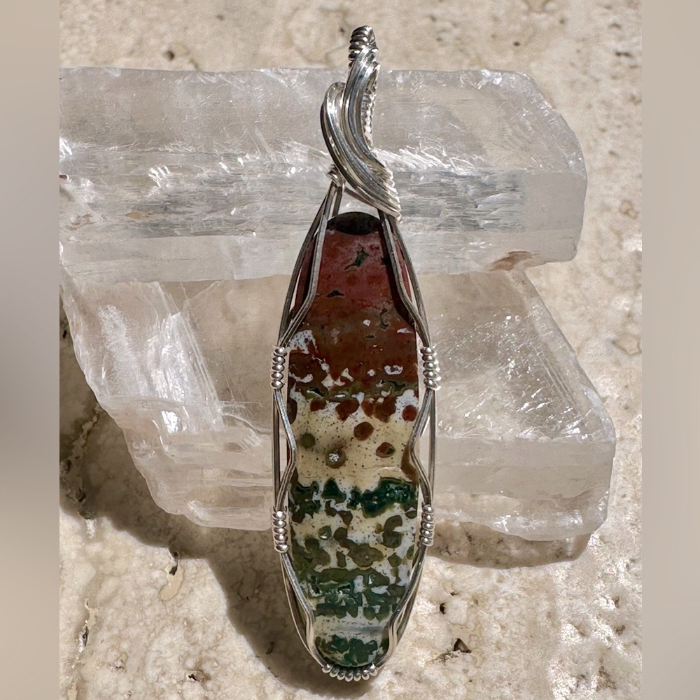 Sterling Silver Poppy Flower Jasper Stone Necklace Pendant
